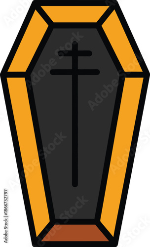 Vibrant Yellow and Black Coffin Vector Graphic with Cross Symbol for Halloween Designs and Funeral Themes