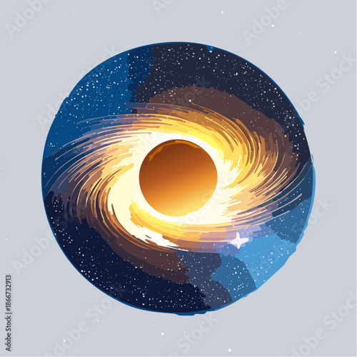 Stunning vector art of a black hole devouring a galaxy, perfect for astrophysics, science fiction and educational publications, visually striking and engaging