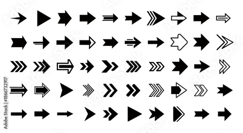 Collection of various black and white arrow icons in different styles and directions.