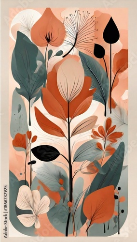 Abstract botanical illustration with organic shapes and muted earthy tones