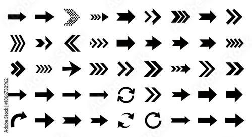 Collection of various black arrow icons in different styles and directions on a white background.