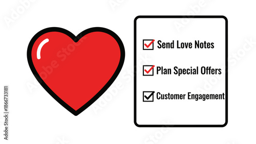 Heart Icon and Business Checklist Detailing Customer Engagement, Special Offers, and Love Notes Strategy