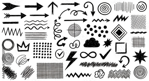 Hand drawn sketch style graphic elements including arrows, shapes, and abstract symbols on white background.