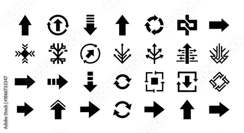 Collection of various black arrow icons and direction symbols in different styles.