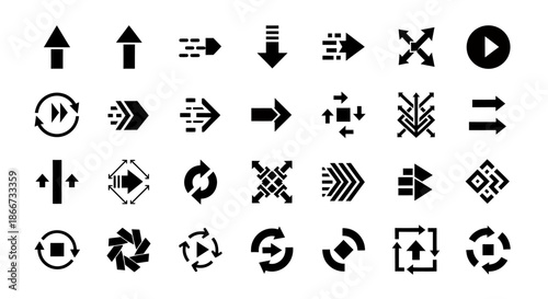 Set of various black arrow icons with different styles and directions on a white background.