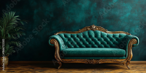 Green Gold Velvet Sofa in royal style in the dark room.  Luxury Couch on a dark green background.