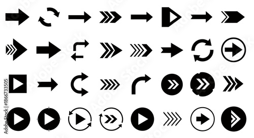 Collection of various black arrow icons in different shapes and styles on white background.