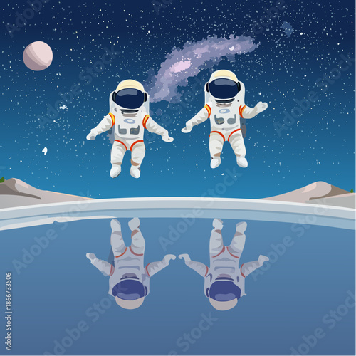 Astronauts exploring a new planet with a stunning galaxy backdrop, ideal for science education, space exploration, and futuristic design projects, dreams of space travel