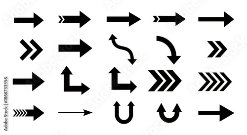 Collection of various black arrow icons in different directions and styles on white background.
