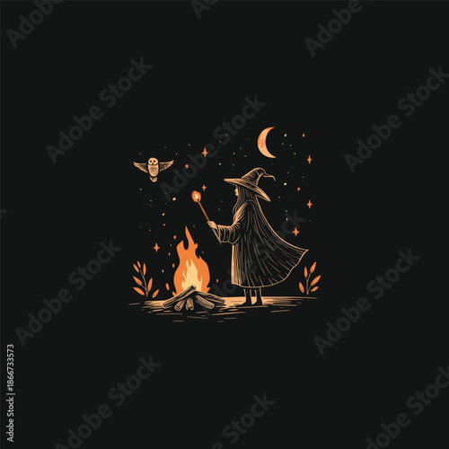 Vintage hand-drawn engraving of a mysterious witch standing by a campfire at night with an owl perched on her staff under a full moon.