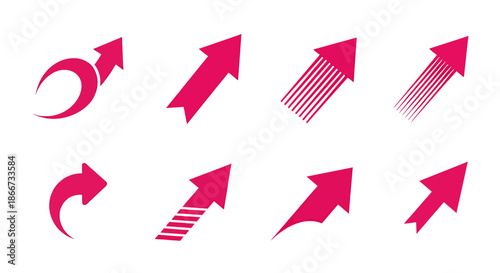 Set of eight pink upward arrows with various dynamic graphic styles on a white background.