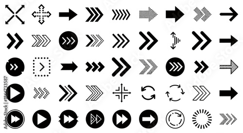 Collection of various black and white arrow icons and symbols in different styles and directions.