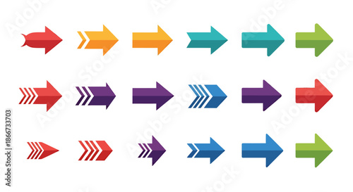 Set of colorful flat arrow icons pointing to the right in various styles and shades.