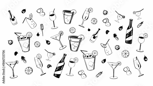 A collection of hand drawn cocktail glasses bottles and citrus fruit slices