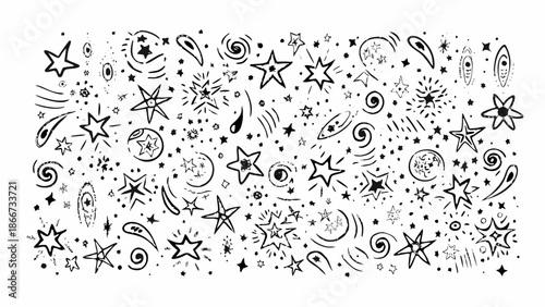 Whimsical night sky illustration featuring stars galaxies and celestial doodles