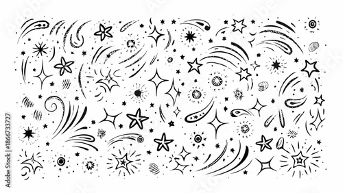 Whimsical black and white doodle pattern featuring stars swirls and celestial shapes