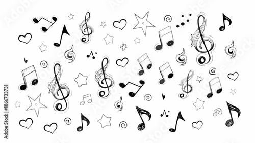 A charming pattern of hand drawn musical notes stars and hearts in black and white
