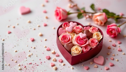 pastel rose chocolate box mockup, clean layout, romantic valentine mood