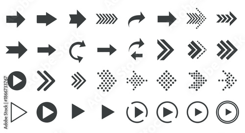 Collection of various arrow and play button icons in different styles and directions.
