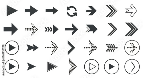 Collection of various black and white arrow icons with different styles and shapes.