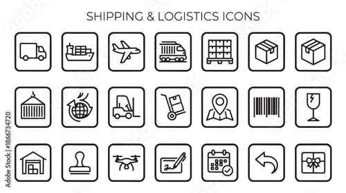 A collection of shipping and logistics icons on a white background