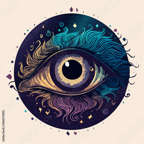 Mesmerizing eye artwork featuring cosmic designs, perfect for spiritual themes, mystical projects, and creative visionary campaigns with an artistic touch
