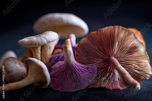 A variety of mushrooms are arranged closely, showcasing their unique textures, shapes, and earthy colors. Some display prominent gills, with hues ranging from deep purples to light creams