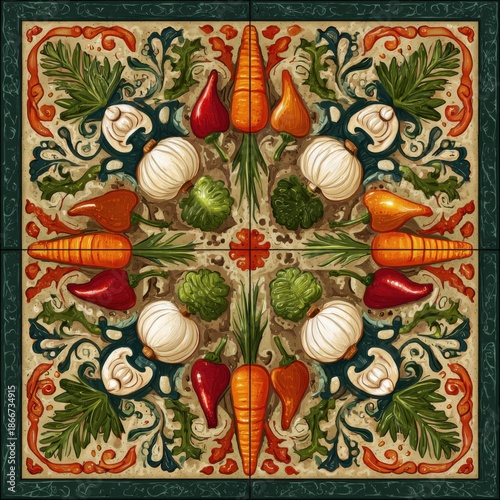 Colorful tile design with food motif