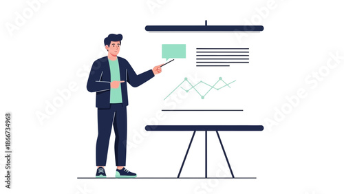 Man presenting business growth chart on whiteboard during meeting, flat vector illustration