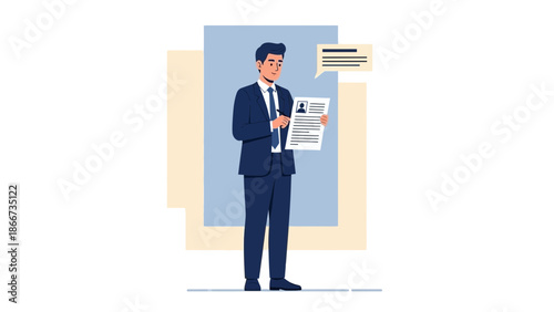 Man in Suit Presenting Resume or CV with Chat Bubble, Job Application Concept