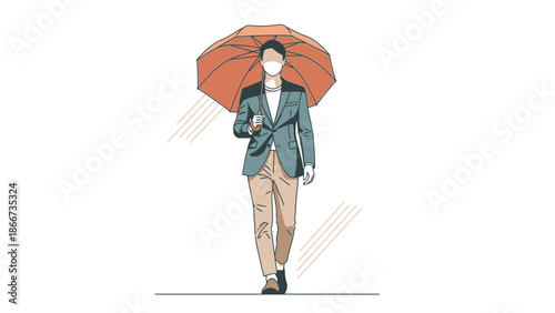 Man in Suit Wearing Face Mask Walking with Orange Umbrella in Rain