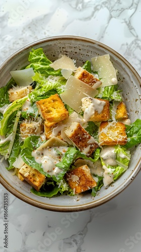 Caesar Salad in Bowl on Marble Table