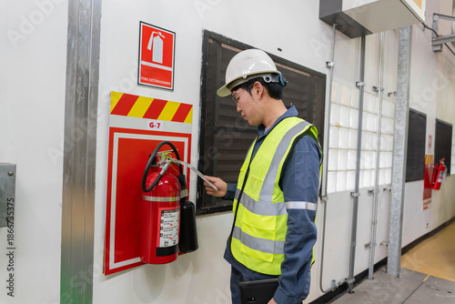 фотографія Electrical engineer inspecting fire extinguisher, checking pressure gauge, safety seal, and inspection tag during routine safety audit inside industrial power facility