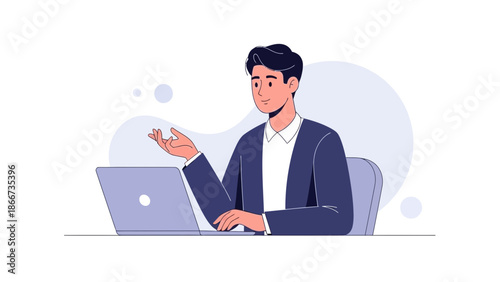 Man in suit working on laptop, explaining concept, modern flat illustration