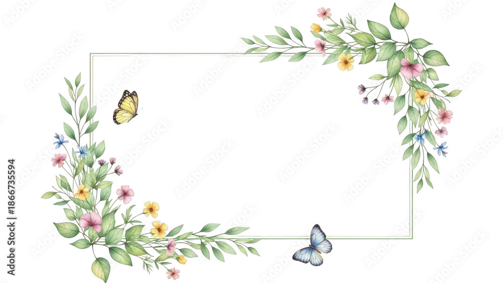 Naklejka premium Watercolor floral wreath frame with butterflies isolated on transparent background