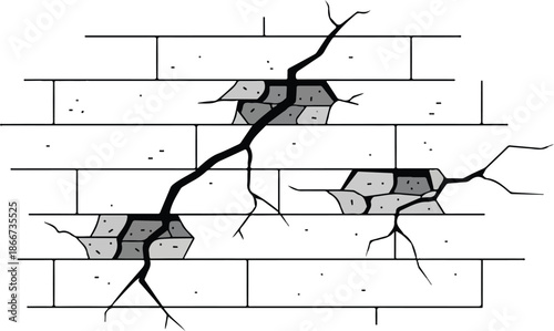 Cracked Brick Wall Illustration Detailing Damage and Structural Integrity Concerns