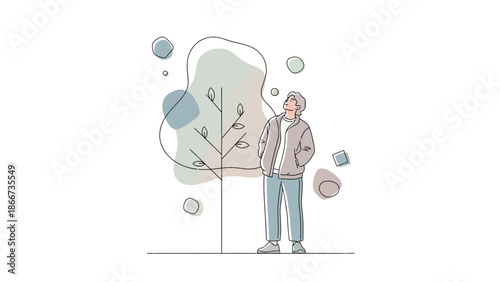 Man looking up at stylized tree with abstract shapes, minimalist illustration
