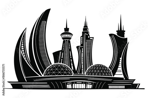 Futuristic city skyline with modern skyscrapers and sleek architecture in a metropolitan area with tall buildings