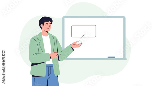 Man pointing at whiteboard with rectangle, presenting ideas, teaching concept