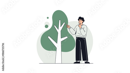 Man points at simplified tree illustration, concept of nature, growth, or ecology