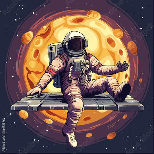 Astronaut chilling in cosmic space, vibrant planetary backdrop, perfect for inspiring exploration and wonder. Dreamy, modern design, appealing to space enthusiasts
