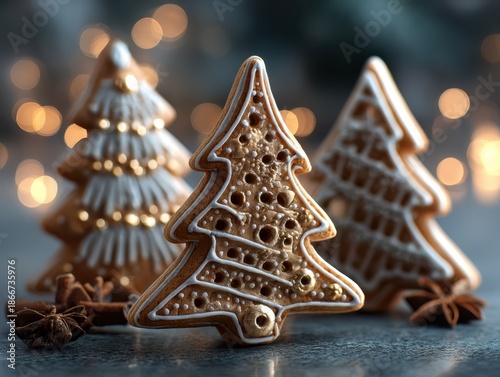 Festive gingerbread cookies shaped as trees decorated with intricate white icing. Warm bokeh lights in the background create a cozy holiday atmosphere, with star anise nearby