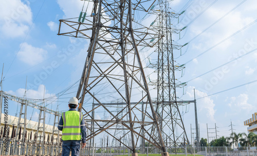 Photos Electrical engineer observing transmission tower inside high voltage substation, focusing on power line inspection, infrastructure reliability, grid stability, and energy system safety