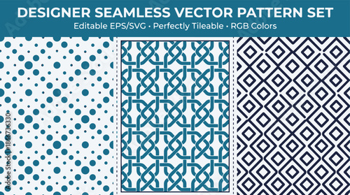 Designer seamless vector pattern set featuring three distinct geometric designs: dots, interlocking shapes, and diamonds, all perfectly tileable for various uses.