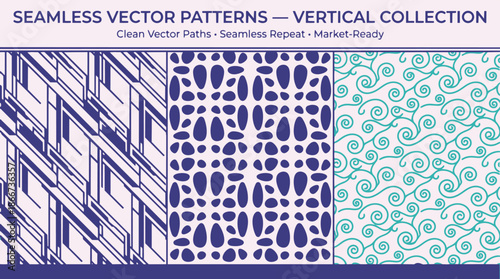Seamless vector patterns vertical collection featuring geometric lines, abstract shapes, and organic swirls, ideal for various design projects.