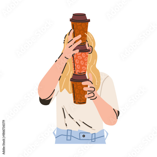 Girl with coffee cups. Woman hold hot beverages, carry teacup of drink. Coffee lovers concept.  Flat isolated vector illustrations on white background