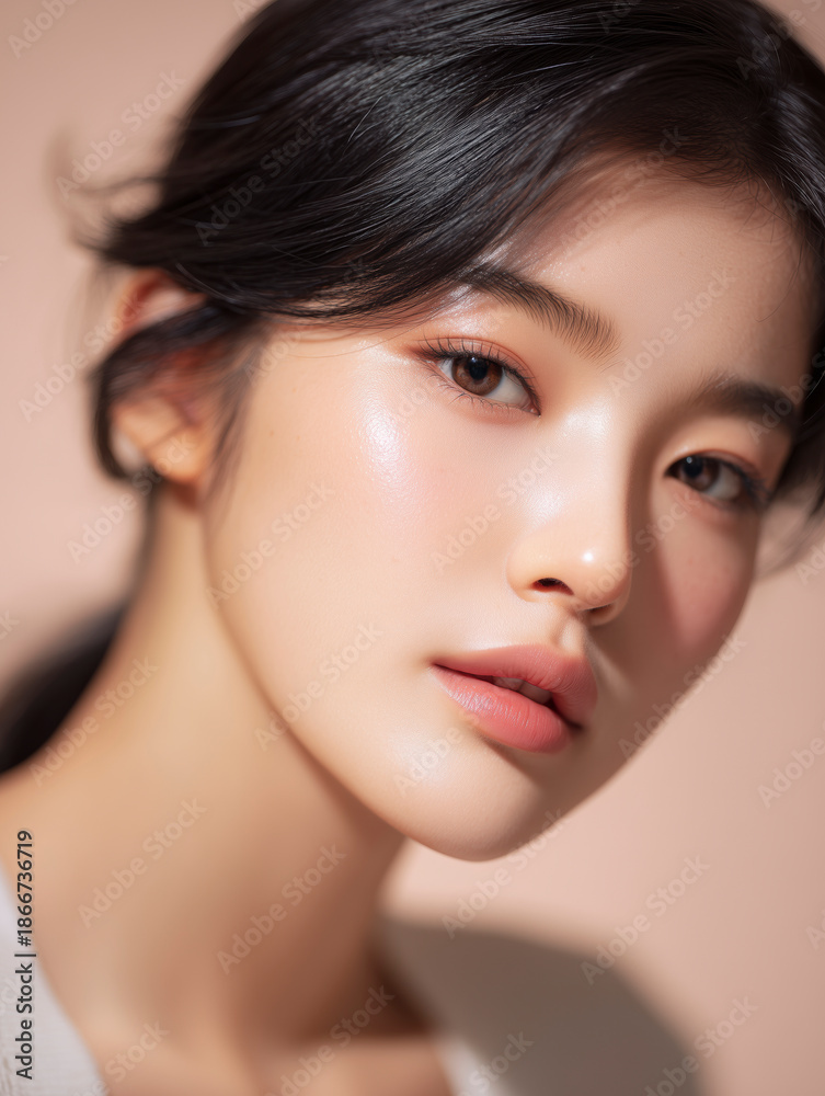 Fototapeta premium Young beautiful korean woman with glowing dewy skin and black hair tied back against a soft peach studio background