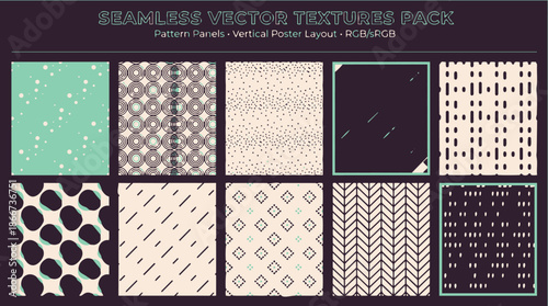A grid display of ten distinct seamless vector textures and patterns, featuring various geometric and abstract designs in a muted color palette, part of a graphic resources pack.