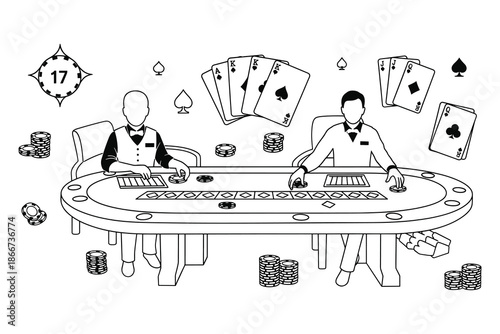 Two men playing poker with cards and chips on a table in a casino game setting