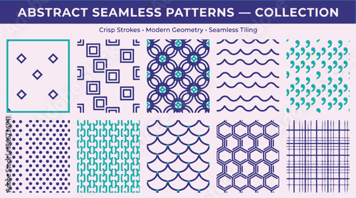 A collection of ten abstract seamless patterns featuring crisp strokes, modern geometry, and seamless tiling designs in blue, teal, and purple hues.